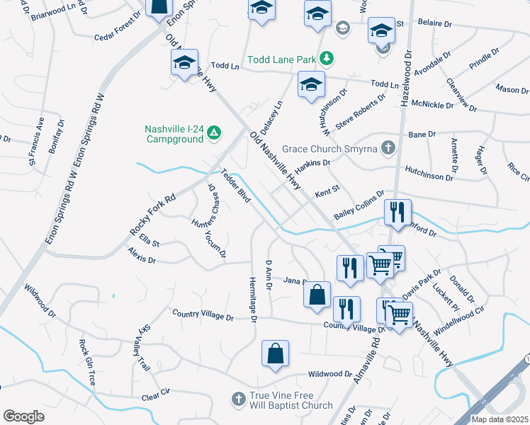 map of restaurants, bars, coffee shops, grocery stores, and more near 120 Tedder Boulevard in Smyrna