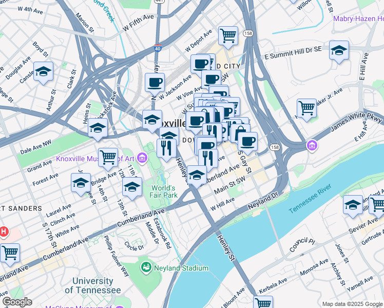 map of restaurants, bars, coffee shops, grocery stores, and more near 535 Locust Street in Knoxville