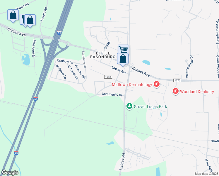 map of restaurants, bars, coffee shops, grocery stores, and more near Pine Terrace in Rocky Mount