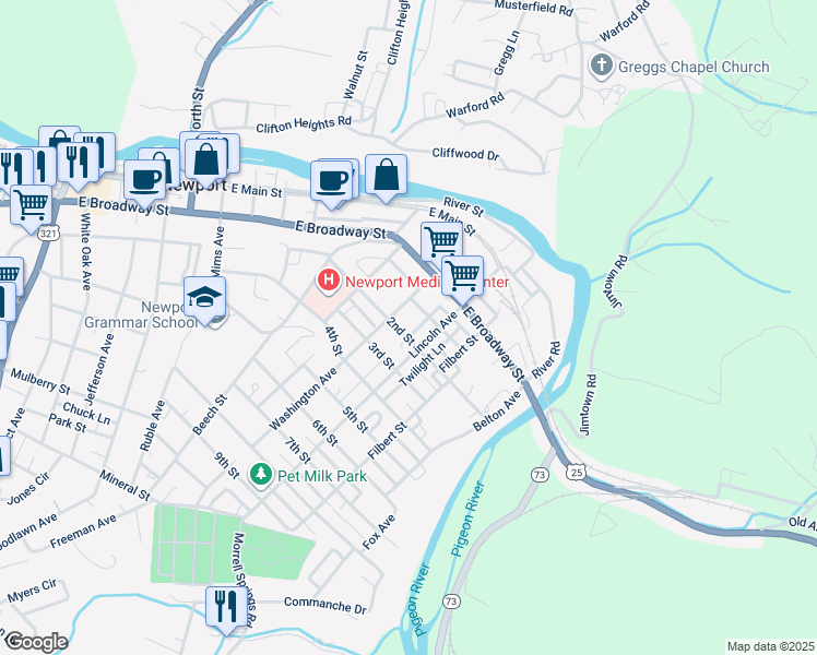 map of restaurants, bars, coffee shops, grocery stores, and more near 207 Lincoln Avenue in Newport