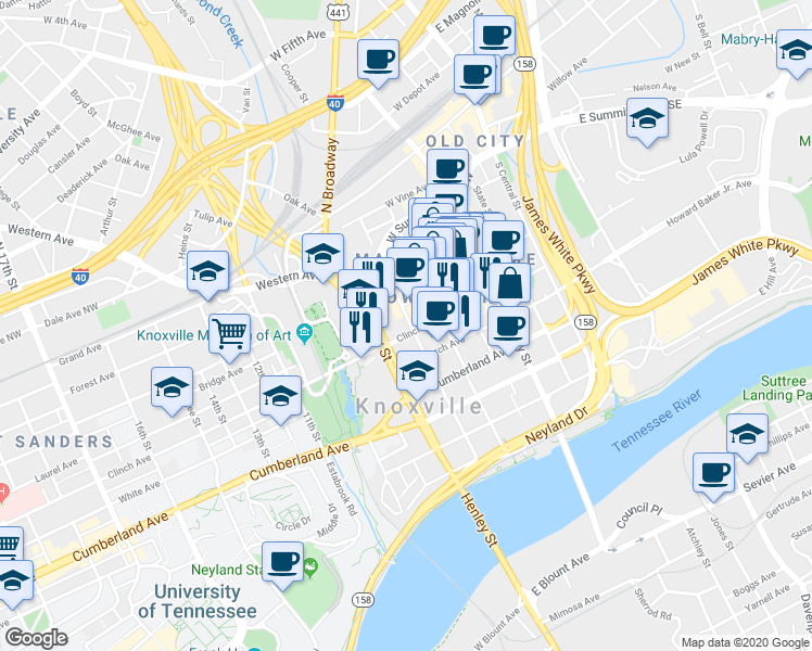 map of restaurants, bars, coffee shops, grocery stores, and more near 501 West Church Avenue in Knoxville