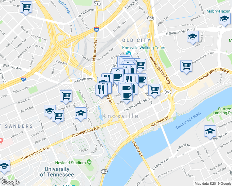 map of restaurants, bars, coffee shops, grocery stores, and more near 625 Clinch Avenue in Knoxville