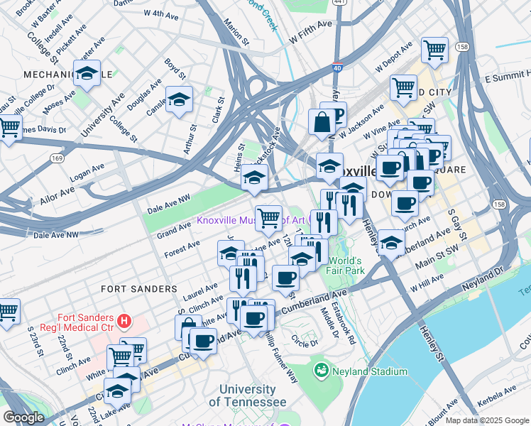 map of restaurants, bars, coffee shops, grocery stores, and more near 1205 Highland Avenue in Knoxville