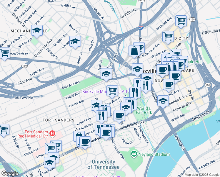 map of restaurants, bars, coffee shops, grocery stores, and more near 1206 Forest Avenue in Knoxville