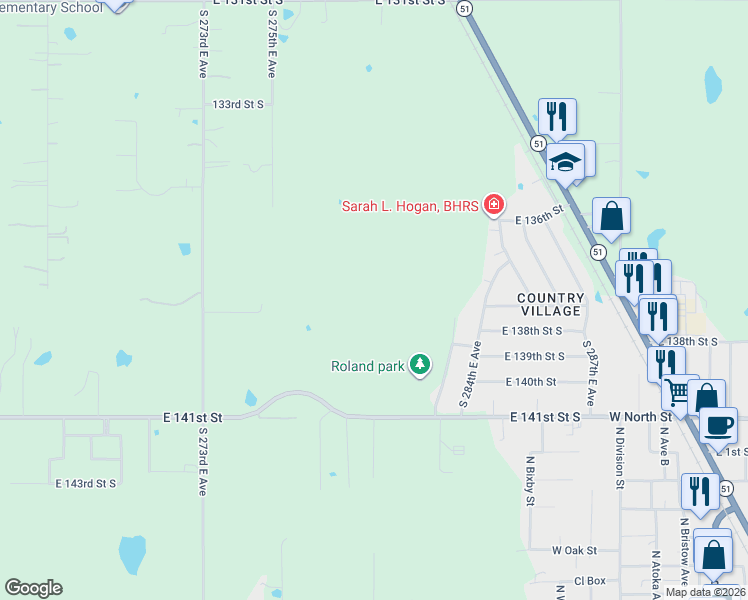 map of restaurants, bars, coffee shops, grocery stores, and more near 27889 East 141st Street South in Coweta