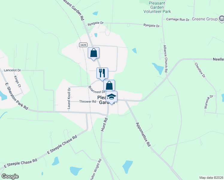 map of restaurants, bars, coffee shops, grocery stores, and more near 1415 Neelley Road in Pleasant Garden