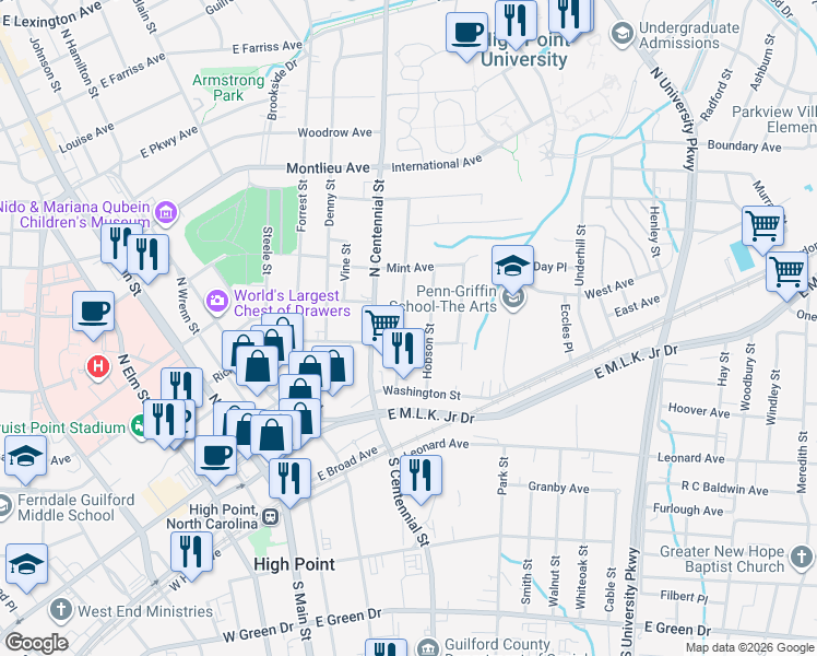 map of restaurants, bars, coffee shops, grocery stores, and more near 214 4th Street in High Point