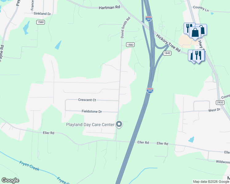map of restaurants, bars, coffee shops, grocery stores, and more near 1104 Crescent Court in Winston-Salem