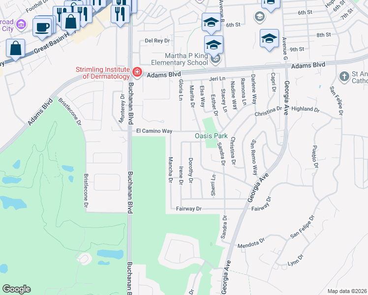 map of restaurants, bars, coffee shops, grocery stores, and more near 1505 Irene Drive in Boulder City