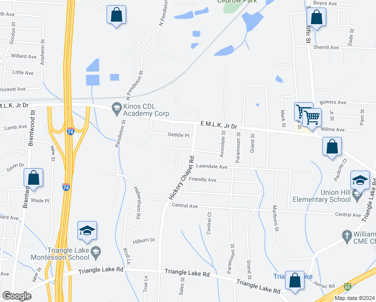 map of restaurants, bars, coffee shops, grocery stores, and more near 400 Hickory Chapel Road in High Point