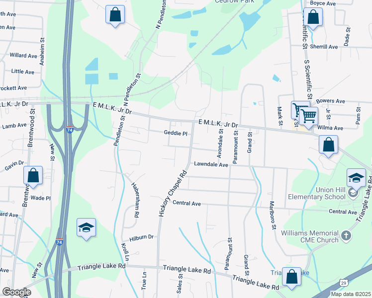 map of restaurants, bars, coffee shops, grocery stores, and more near 2312 Geddie Place in High Point