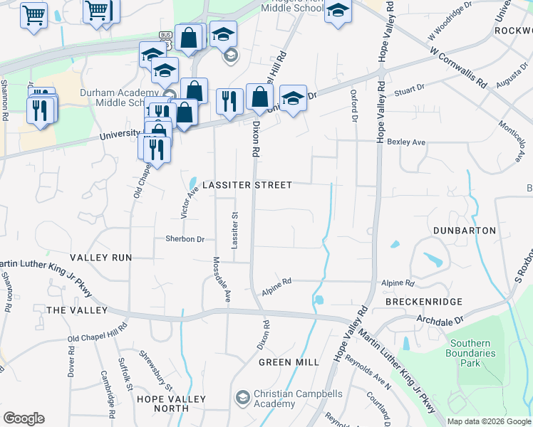 map of restaurants, bars, coffee shops, grocery stores, and more near 2736 Old Sugar Road in Durham