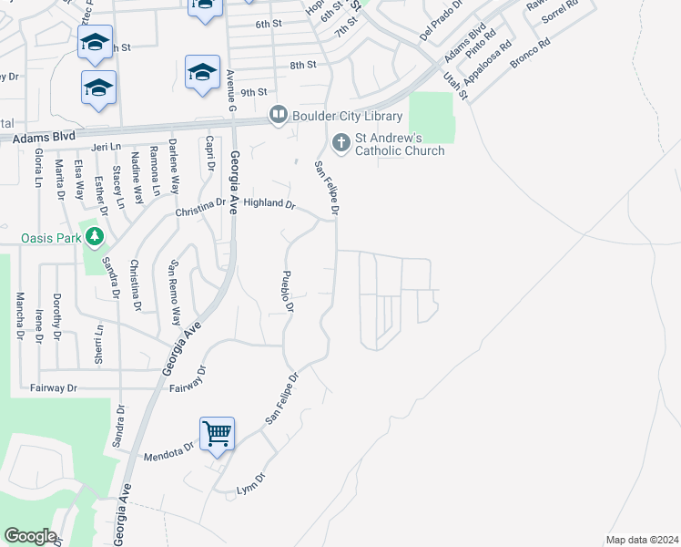 map of restaurants, bars, coffee shops, grocery stores, and more near 1427 San Felipe Drive in Boulder City