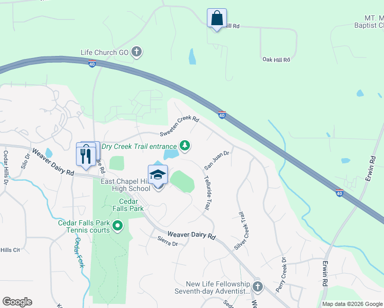 map of restaurants, bars, coffee shops, grocery stores, and more near 106 Landing Drive in Chapel Hill