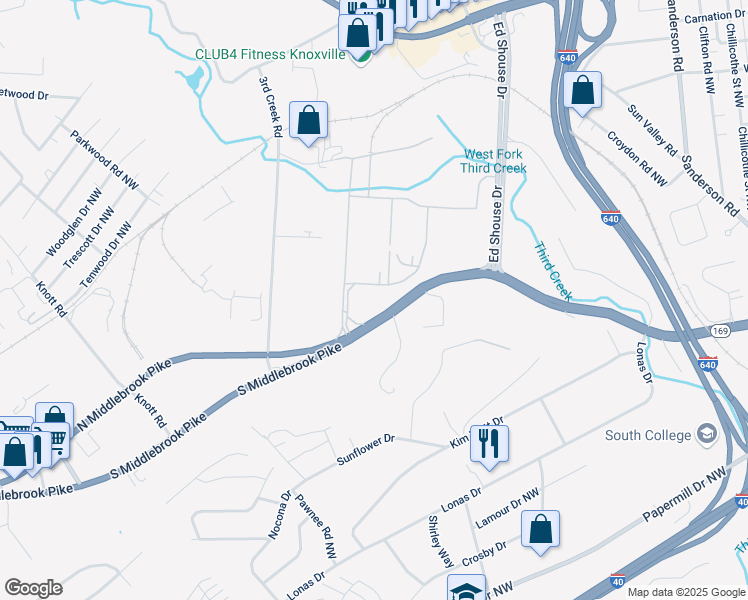 map of restaurants, bars, coffee shops, grocery stores, and more near 4505 Middlebrook Pike in Knoxville