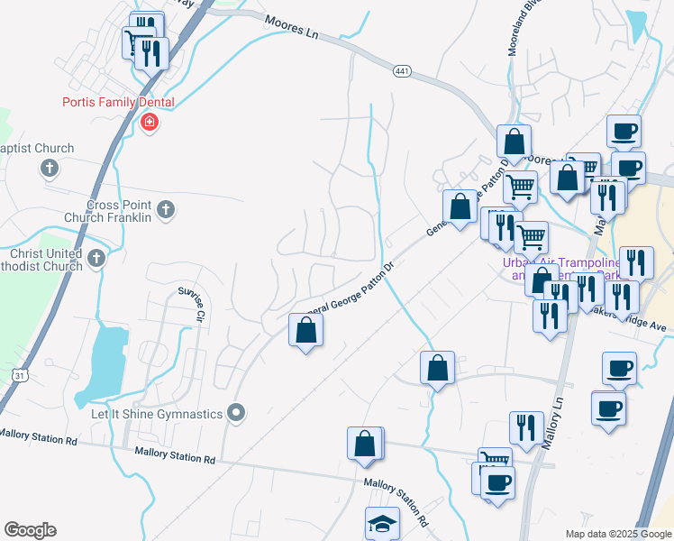 map of restaurants, bars, coffee shops, grocery stores, and more near 1317-1799 Moore's Court in Brentwood