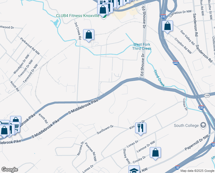 map of restaurants, bars, coffee shops, grocery stores, and more near 4505 Middlebrook Pike in Knoxville