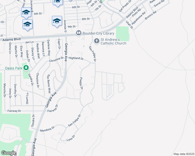 map of restaurants, bars, coffee shops, grocery stores, and more near 1427 San Felipe Drive in Boulder City