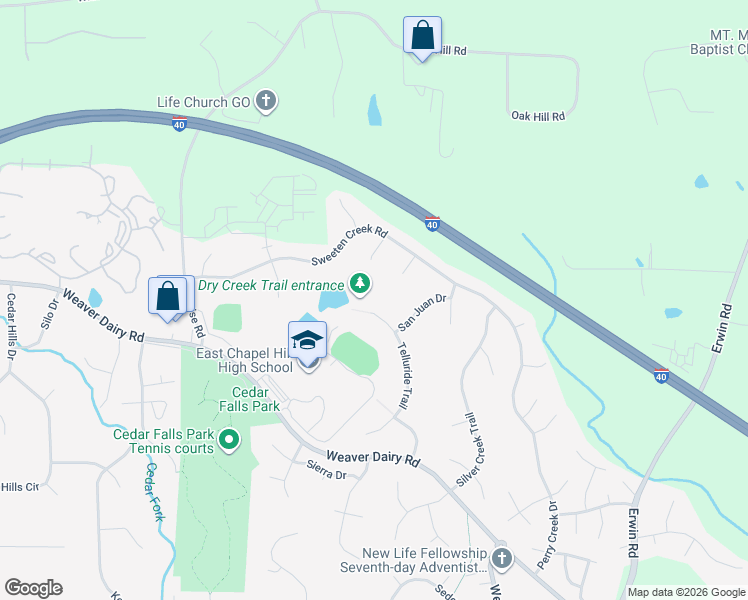 map of restaurants, bars, coffee shops, grocery stores, and more near 106 Landing Drive in Chapel Hill