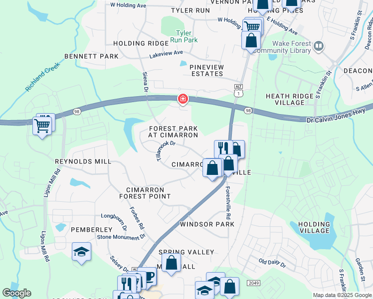 map of restaurants, bars, coffee shops, grocery stores, and more near 1222 Beringer Forest Court in Wake Forest
