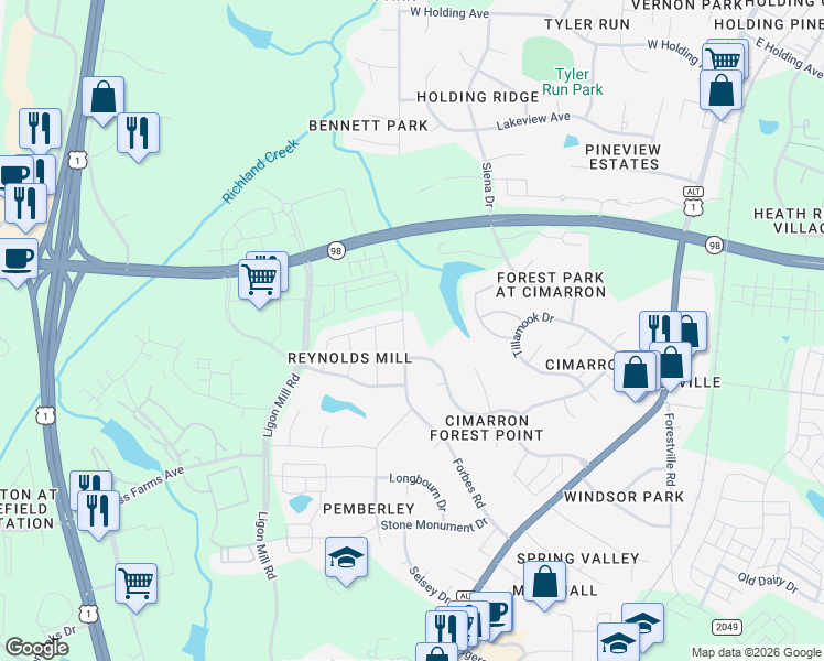 map of restaurants, bars, coffee shops, grocery stores, and more near 408 Forbes Road in Wake Forest