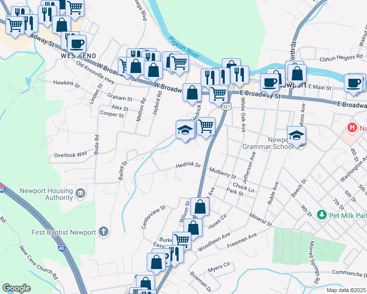 map of restaurants, bars, coffee shops, grocery stores, and more near 216 Hedrick Drive in Newport