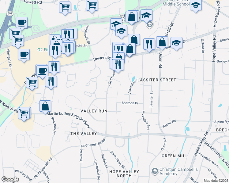 map of restaurants, bars, coffee shops, grocery stores, and more near 3309 Chapel Hill Road in Durham