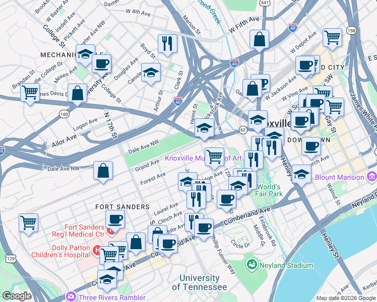 map of restaurants, bars, coffee shops, grocery stores, and more near in Knoxville