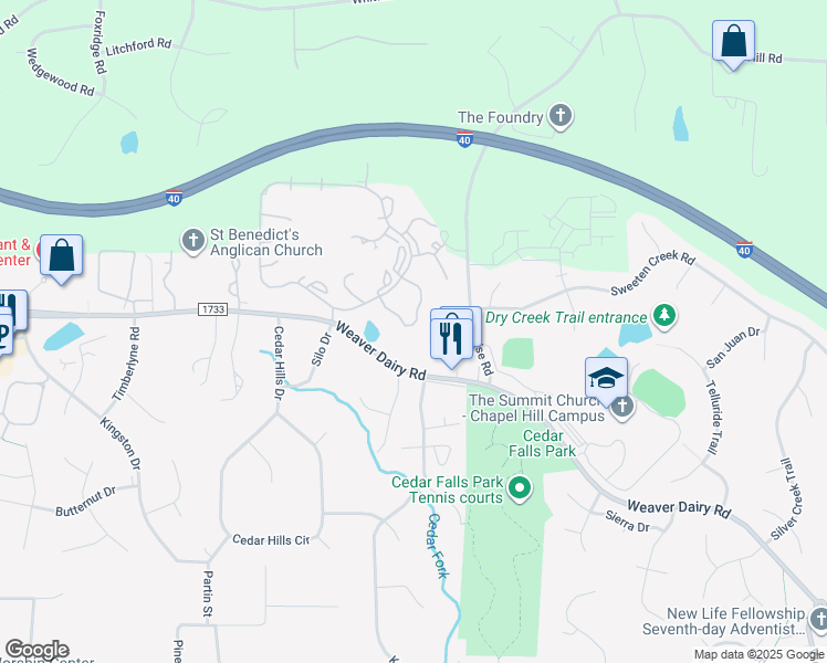 map of restaurants, bars, coffee shops, grocery stores, and more near 750 Weaver Dairy Road in Chapel Hill