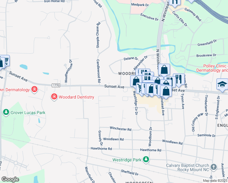 map of restaurants, bars, coffee shops, grocery stores, and more near 3741 Sunset Avenue in Rocky Mount