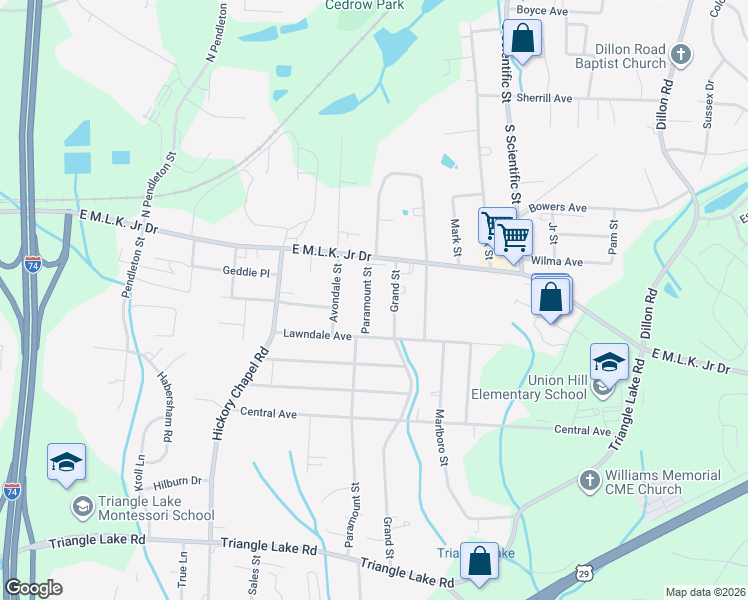 map of restaurants, bars, coffee shops, grocery stores, and more near 208 Paramount Street in High Point
