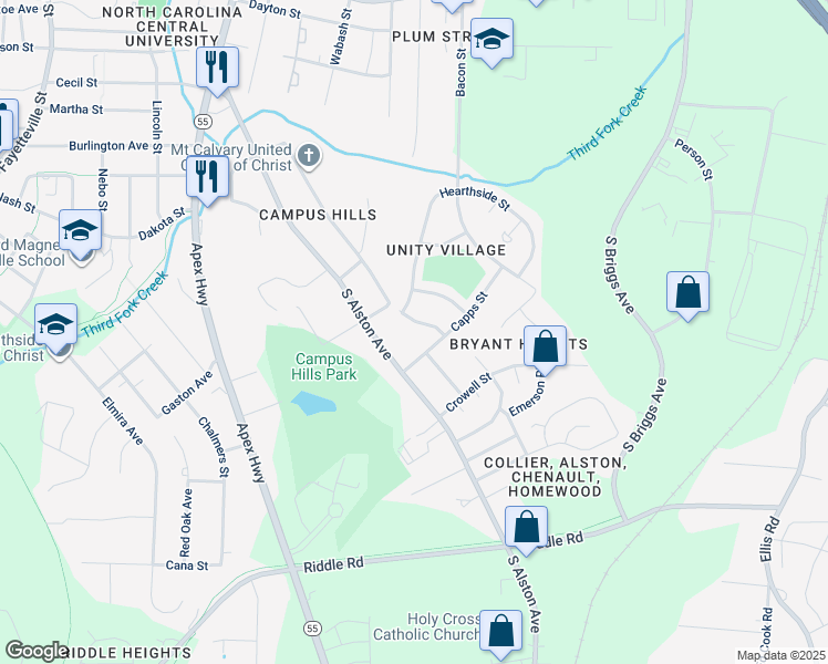 map of restaurants, bars, coffee shops, grocery stores, and more near 2006 Athens Avenue in Durham
