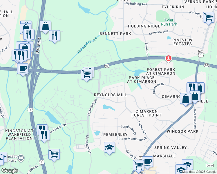 map of restaurants, bars, coffee shops, grocery stores, and more near 1600 Penstock Lane in Wake Forest