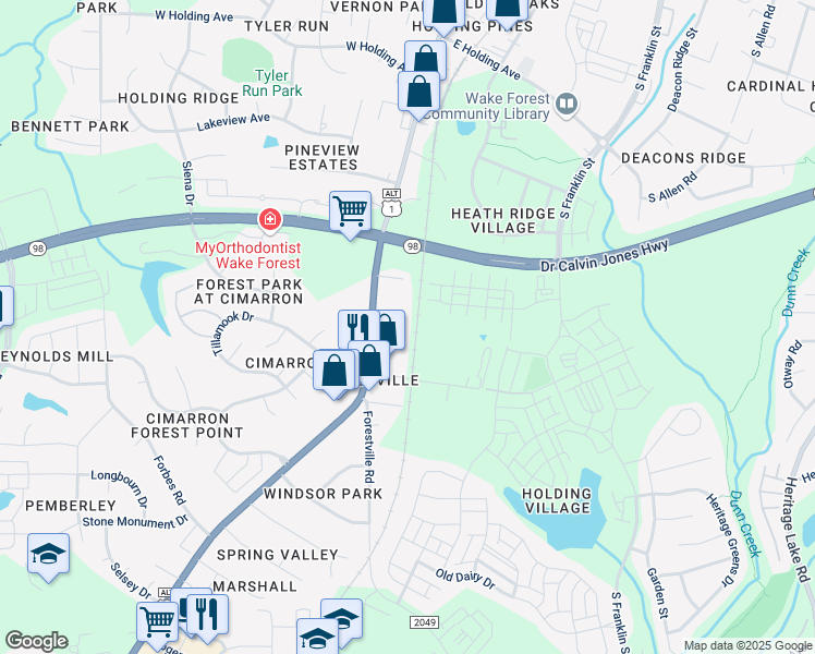 map of restaurants, bars, coffee shops, grocery stores, and more near 1151 South Main Street in Wake Forest