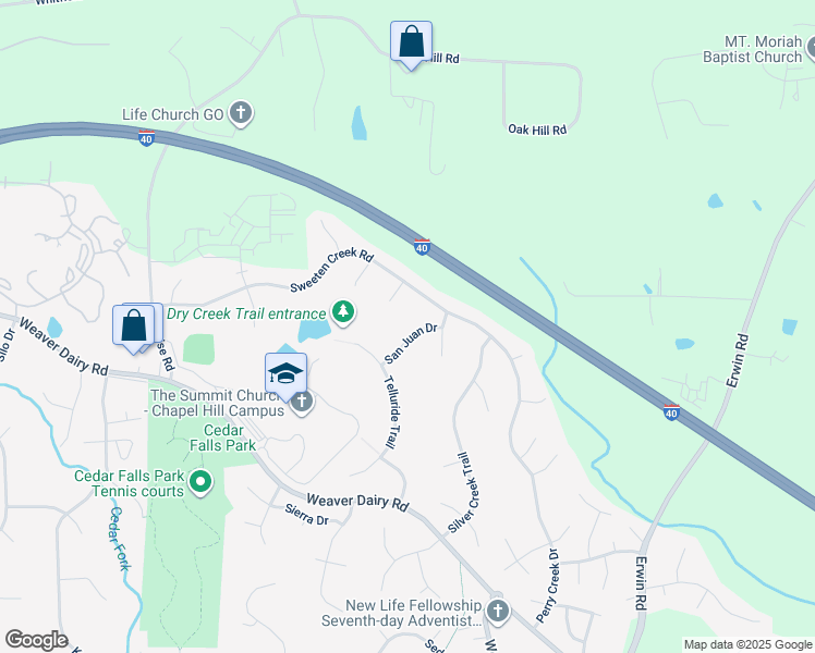 map of restaurants, bars, coffee shops, grocery stores, and more near 109 San Juan Drive in Chapel Hill