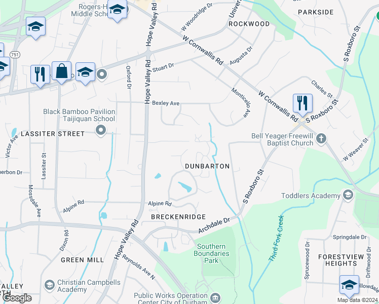 map of restaurants, bars, coffee shops, grocery stores, and more near 39 Glenmore Drive in Durham