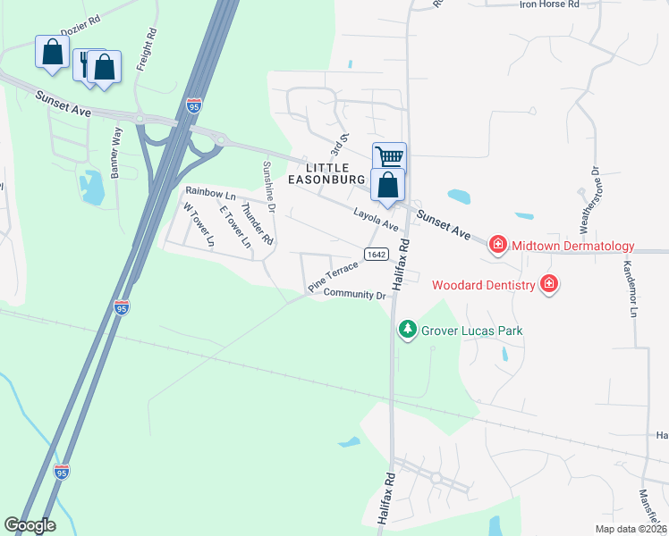 map of restaurants, bars, coffee shops, grocery stores, and more near 4200-4204 Jacobs Avenue in Rocky Mount