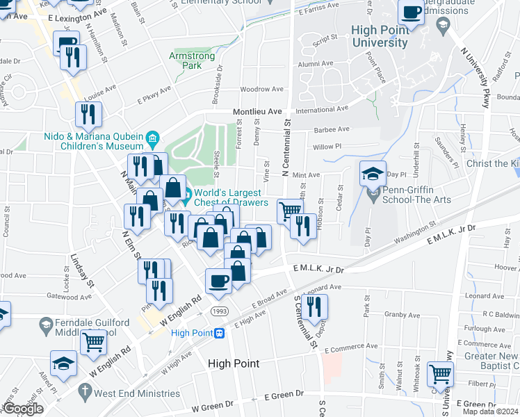 map of restaurants, bars, coffee shops, grocery stores, and more near 308 Denny Street in High Point