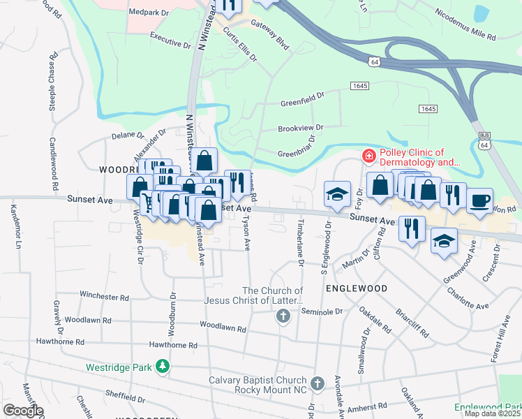 map of restaurants, bars, coffee shops, grocery stores, and more near 3407 Sunset Avenue in Rocky Mount