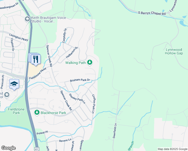 map of restaurants, bars, coffee shops, grocery stores, and more near 601 Pendlebury Park Place in Franklin