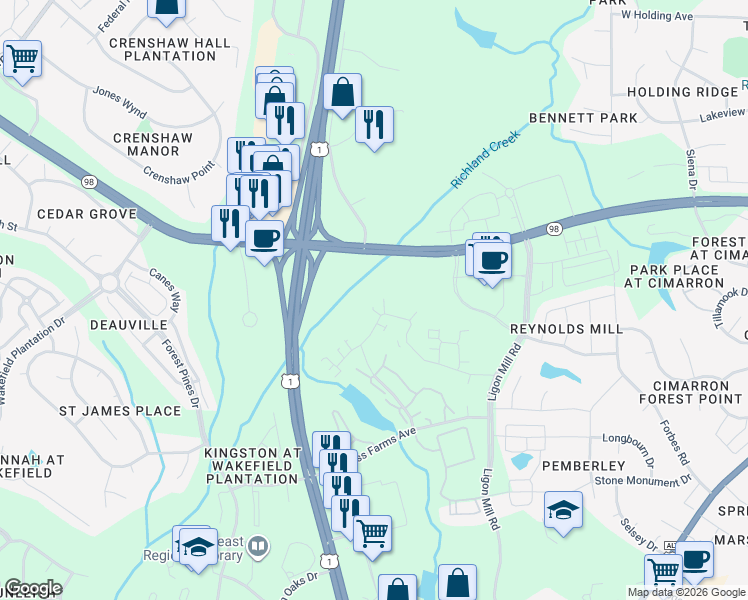 map of restaurants, bars, coffee shops, grocery stores, and more near 1119 Blue Bird Lane in Wake Forest