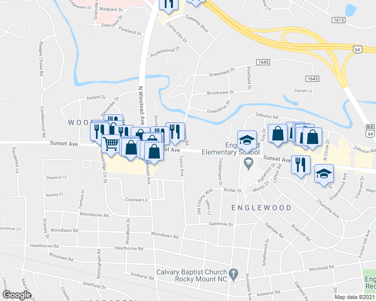 map of restaurants, bars, coffee shops, grocery stores, and more near Sunset Avenue in Rocky Mount