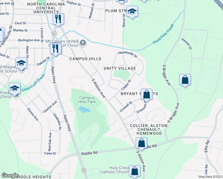 map of restaurants, bars, coffee shops, grocery stores, and more near 2006 Athens Avenue in Durham