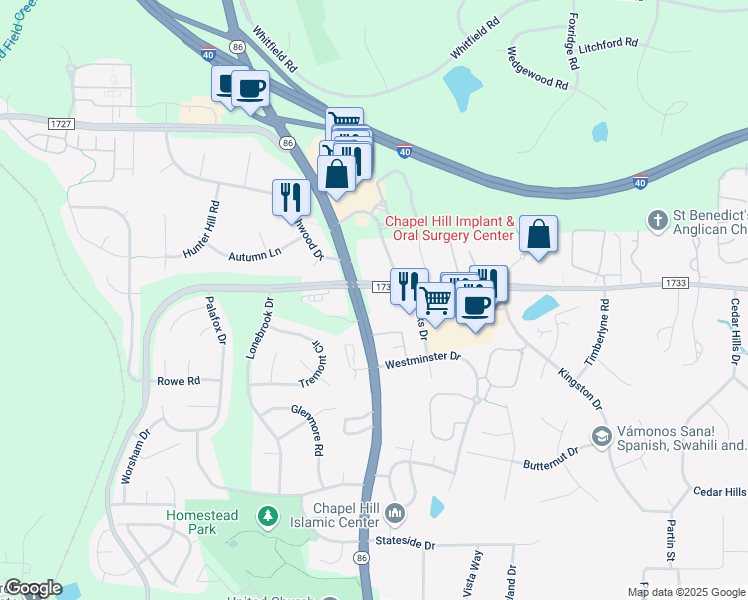 map of restaurants, bars, coffee shops, grocery stores, and more near 1181 Weaver Dairy Road in Chapel Hill