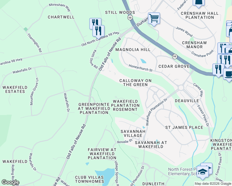 map of restaurants, bars, coffee shops, grocery stores, and more near 12916 Anglewood Court in Raleigh
