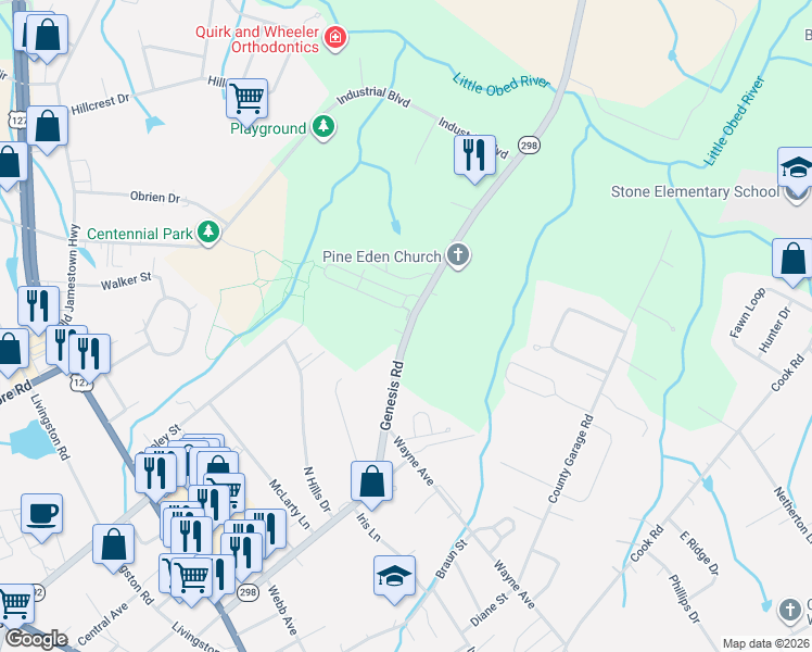 map of restaurants, bars, coffee shops, grocery stores, and more near 65 Village Lane in Crossville