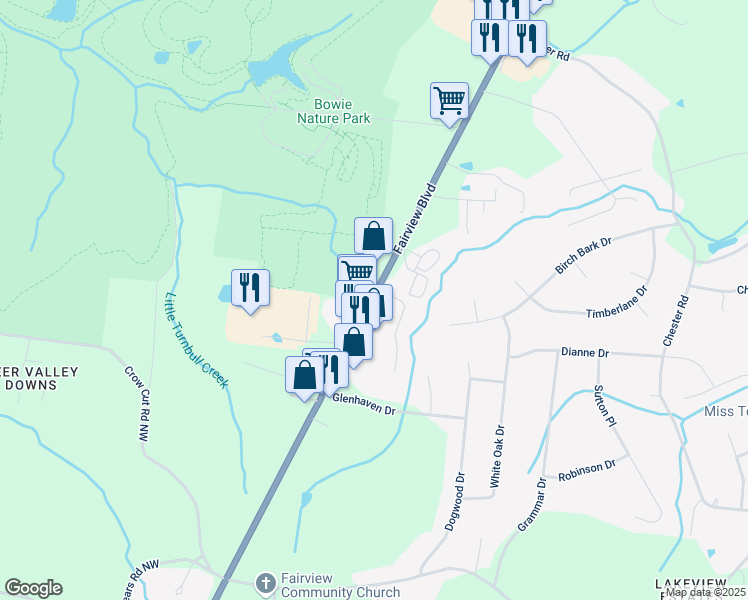 map of restaurants, bars, coffee shops, grocery stores, and more near 2380 Fairview Boulevard West in Fairview