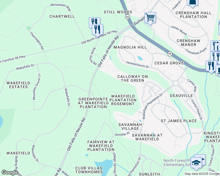 map of restaurants, bars, coffee shops, grocery stores, and more near 12916 Anglewood Court in Raleigh