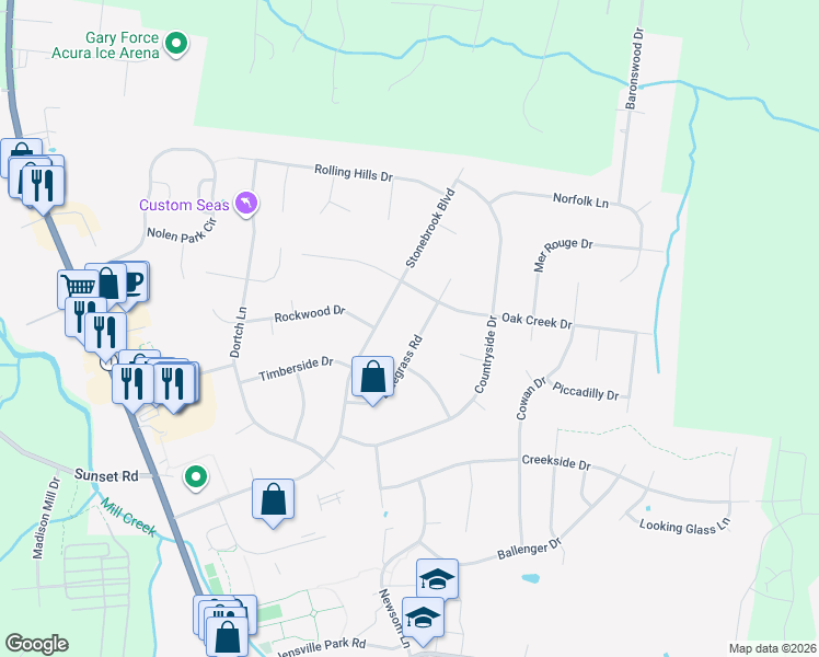 map of restaurants, bars, coffee shops, grocery stores, and more near 1425 Bluegrass Road in Nolensville