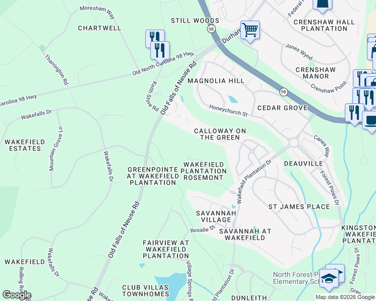 map of restaurants, bars, coffee shops, grocery stores, and more near 12916 Anglewood Court in Raleigh